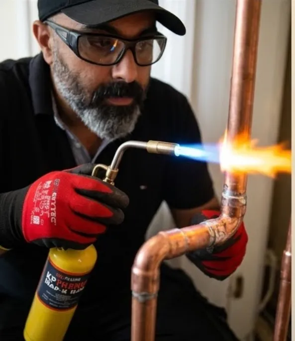 Copper pipe joint soldering in progress.